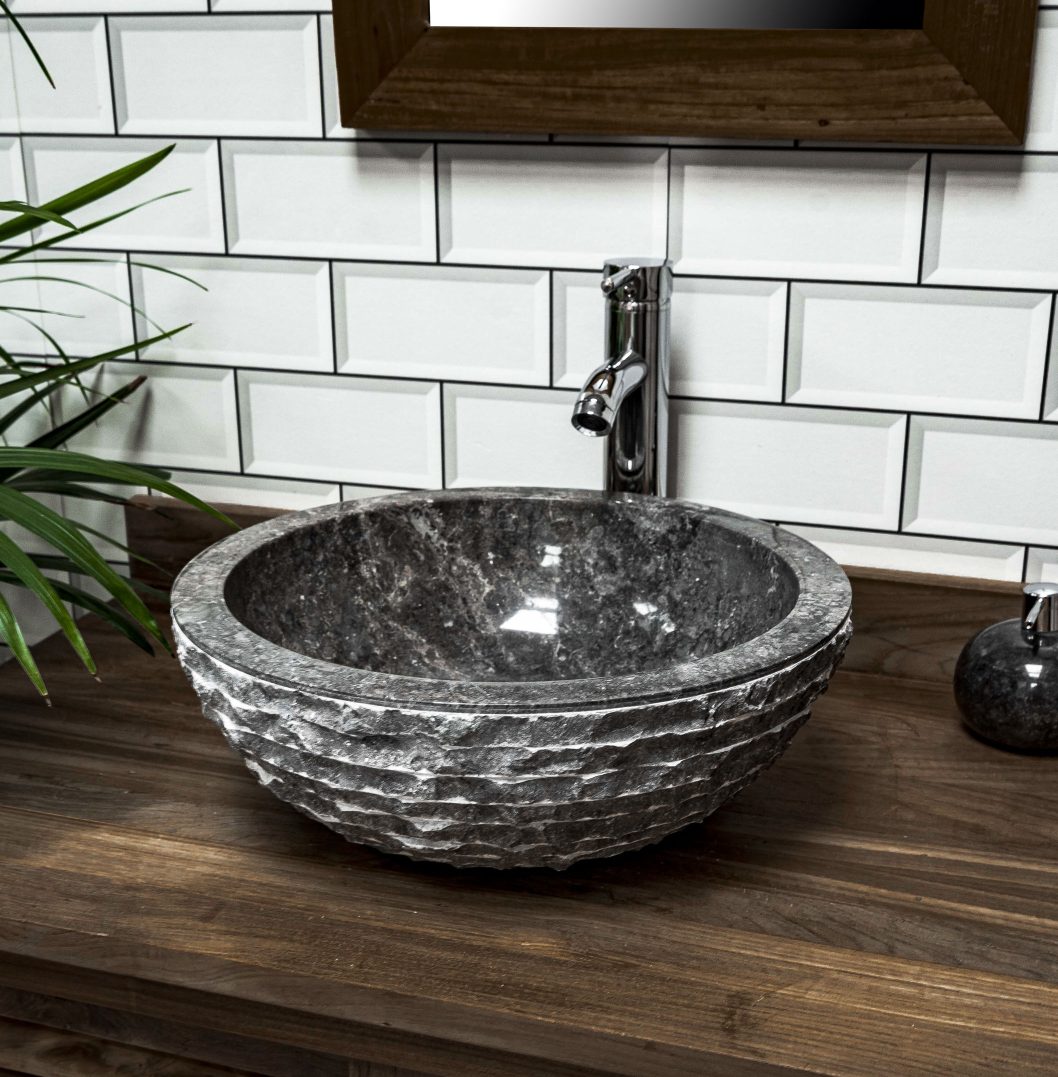 Grey Marble Bowl Sink with Carved Exterior 40 x 15cm