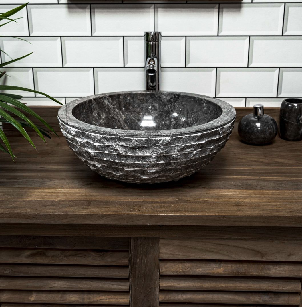 Grey Marble Bowl Sink with Carved Exterior 40 x 15cm