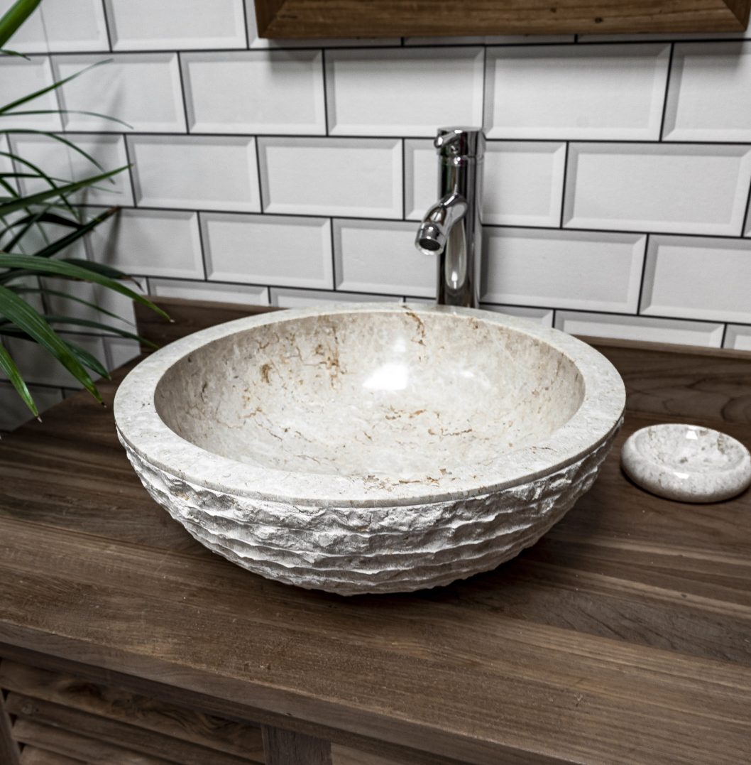 Cream Marble Bowl Sink with Carved Exterior 40 x 15cm