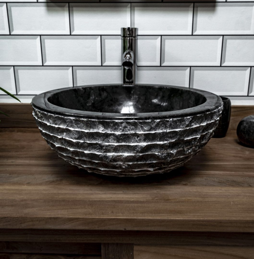 Black Marble Bowl Sink with Carved Exterior 40 x 15cm