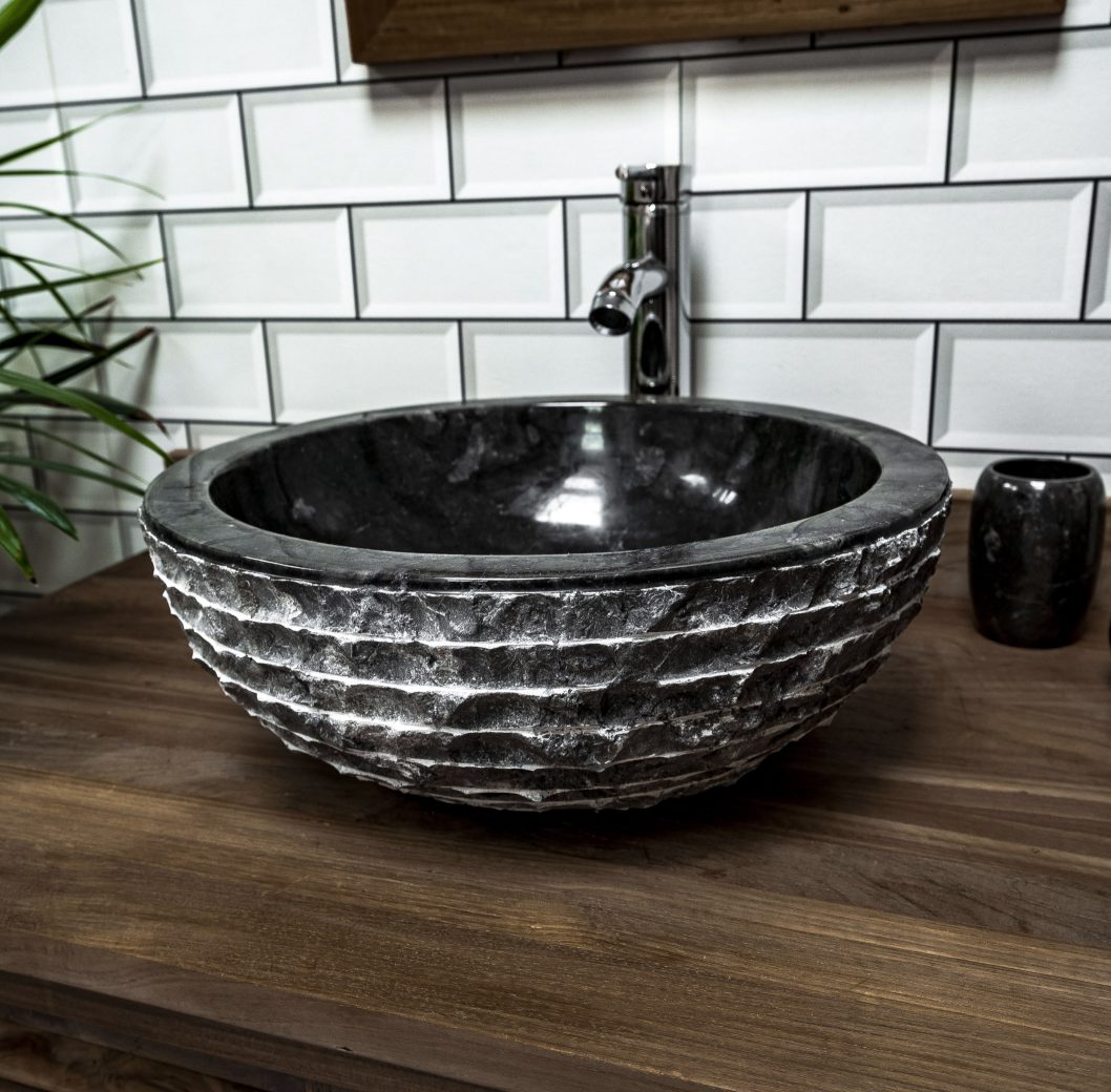 Black Marble Bowl Sink with Carved Exterior 40 x 15cm