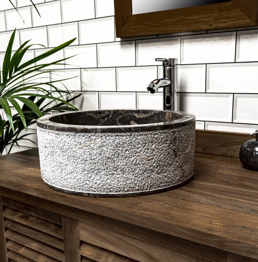 Cylindrical Grey Marble Sink with Hammered Exterior 40 x 15cm