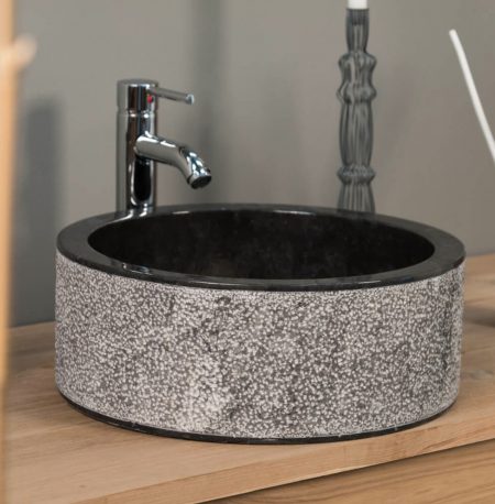 Cylindrical Black Marble Sink with Hammered Exterior 40 x 15cm