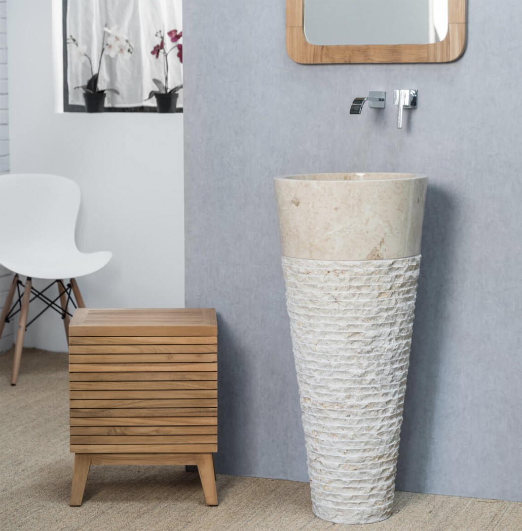 Cream Marble Pedestal Sink with Carved Exterior 40 x 90cm