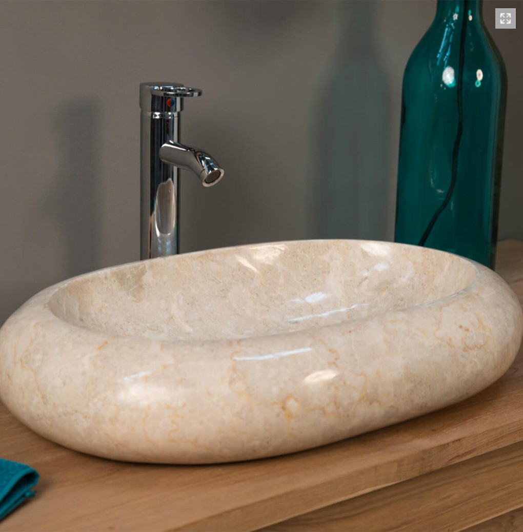 Large Cream Marble Donut Stone Sink - 60 x 40 x 12cm.