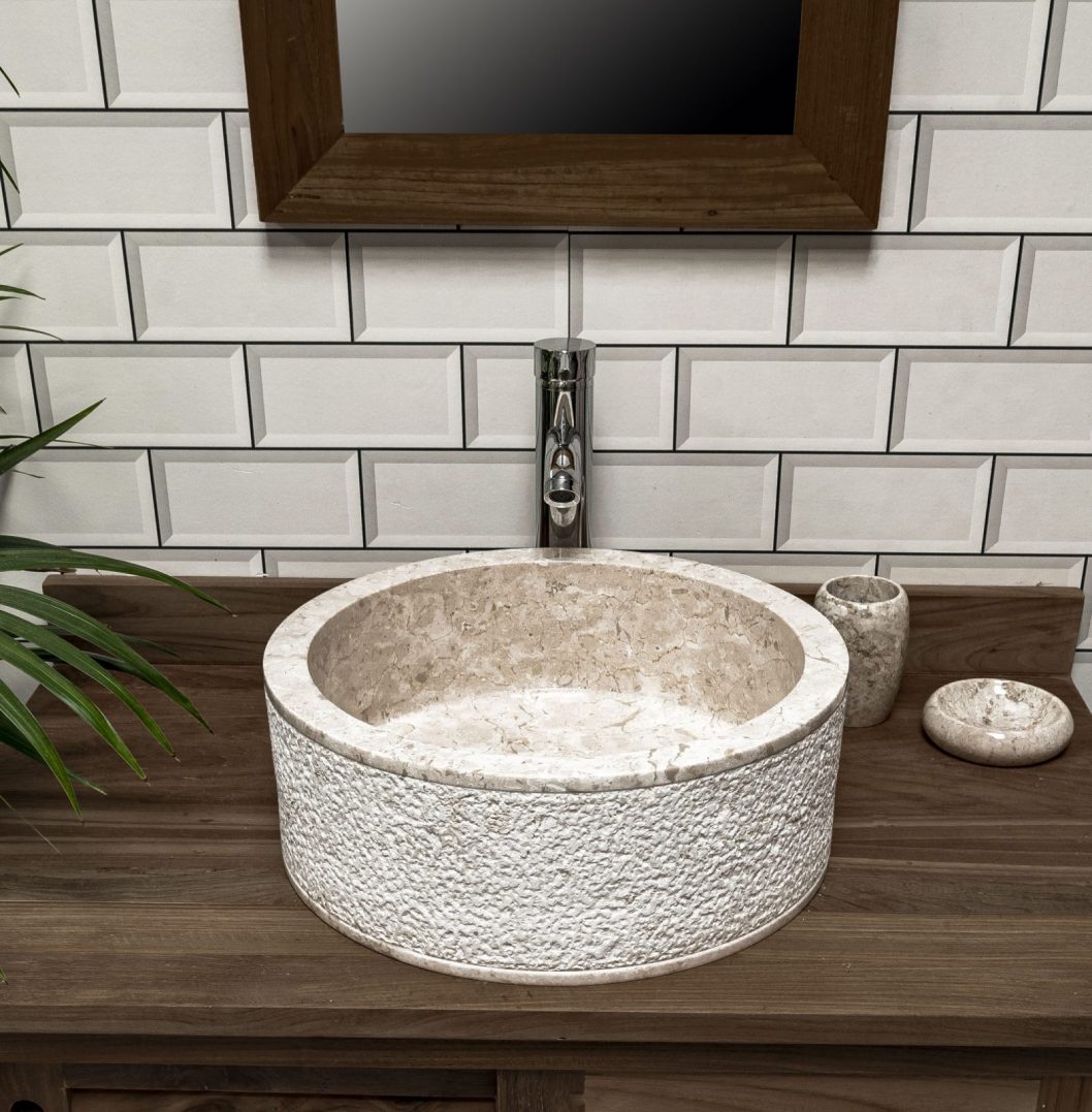 Cylindrical Cream Marble Sink with Hammered Exterior 40 x 15cm