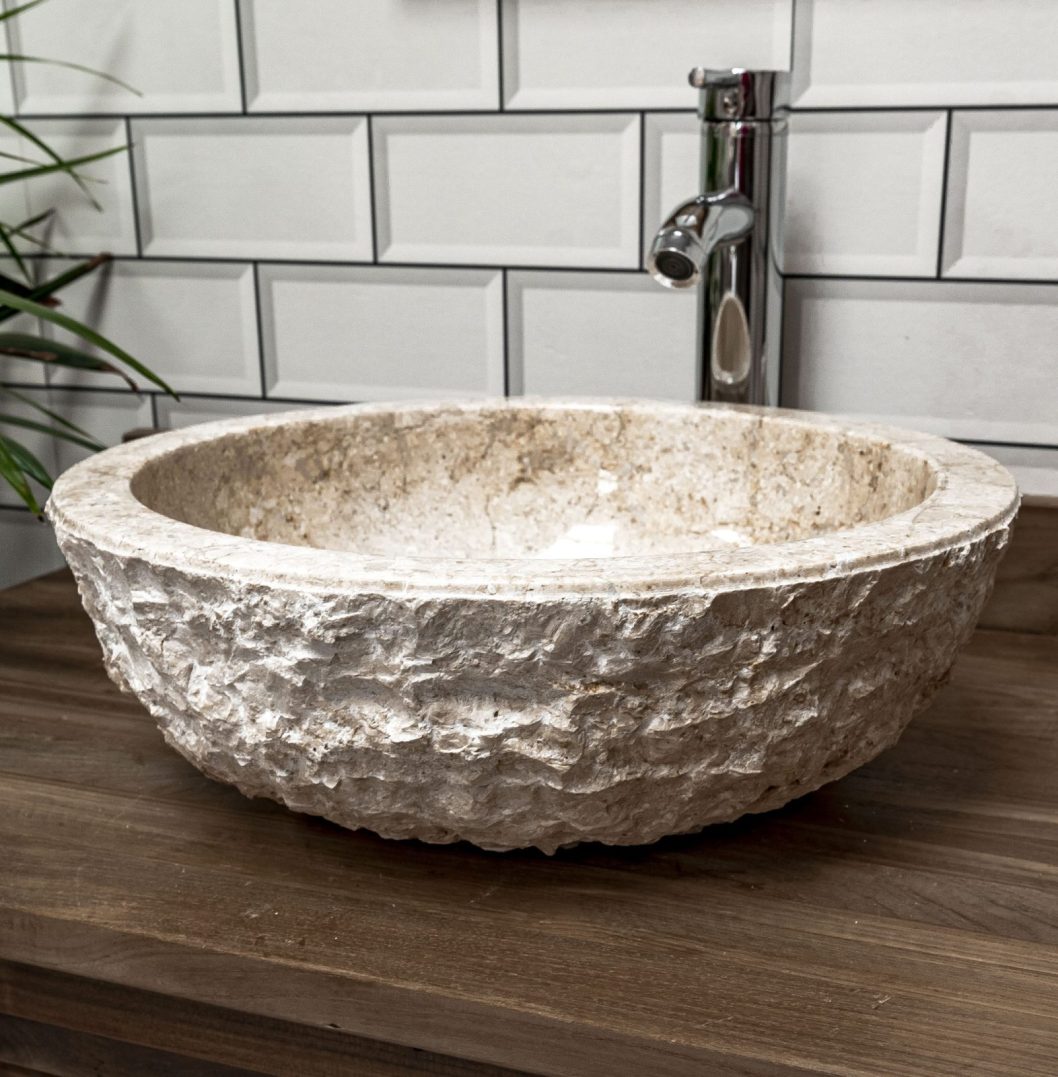 Cream Rough Hewn Stone Bowl Sink - 40 x 15cm.