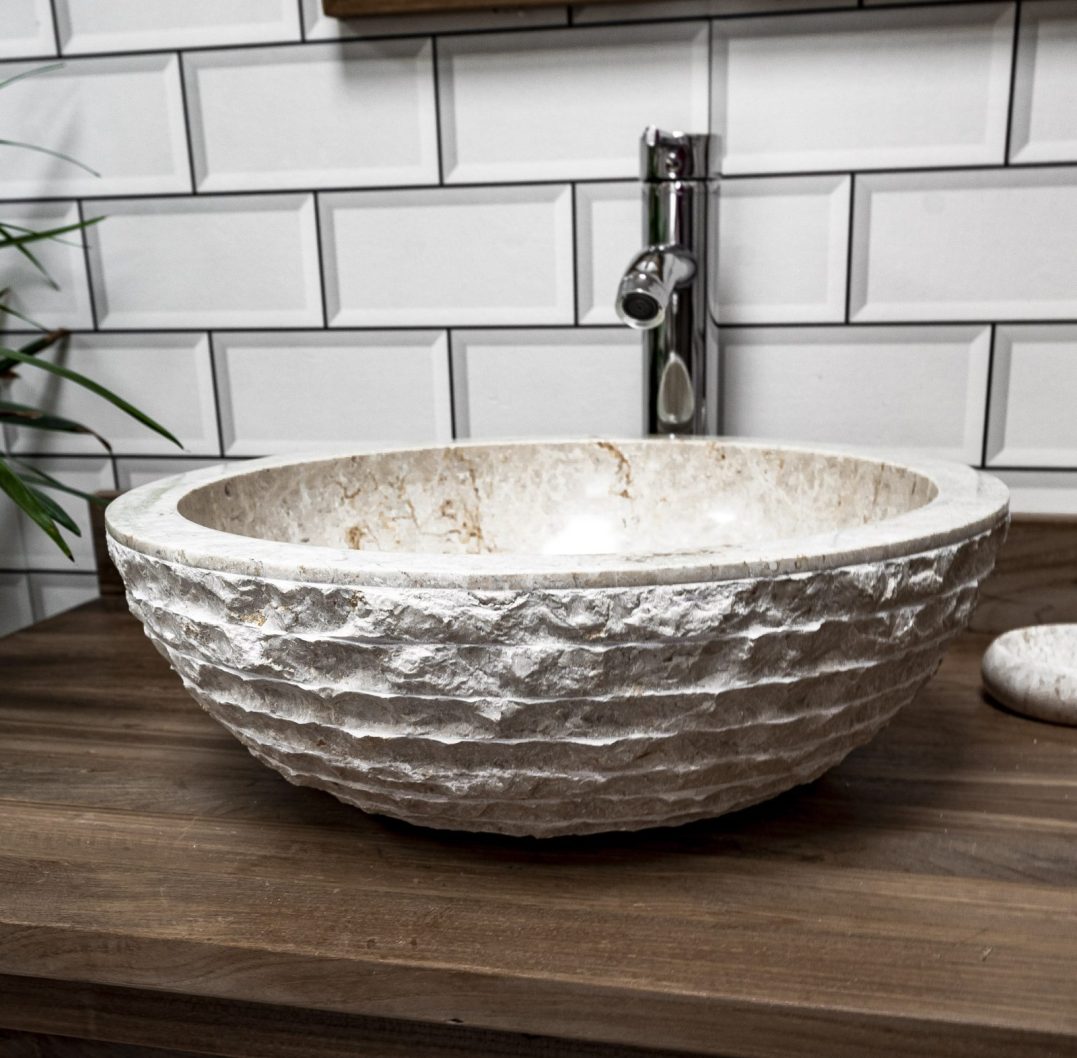 Cream Marble Bowl Sink with Carved Exterior 40 x 15cm