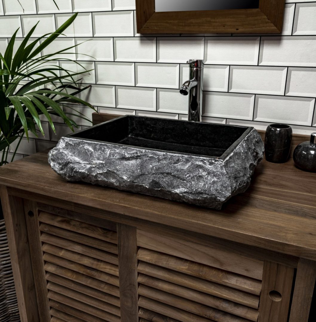 Black Marble Rectangular Sink with Hewn Exterior 50 x 40 x 12.5cm