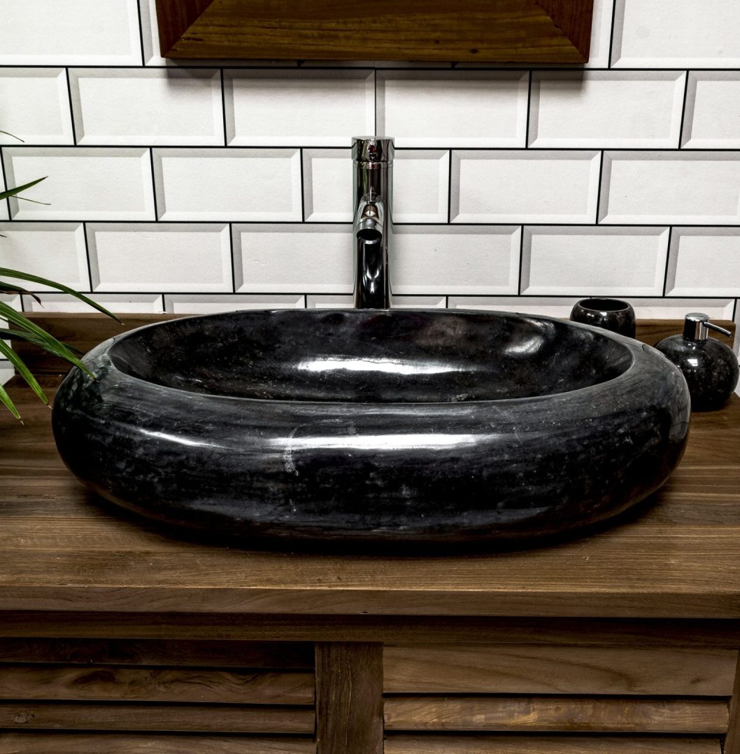 Large Black Marble Donut Stone Sink - 60 x 40 x 12cm.