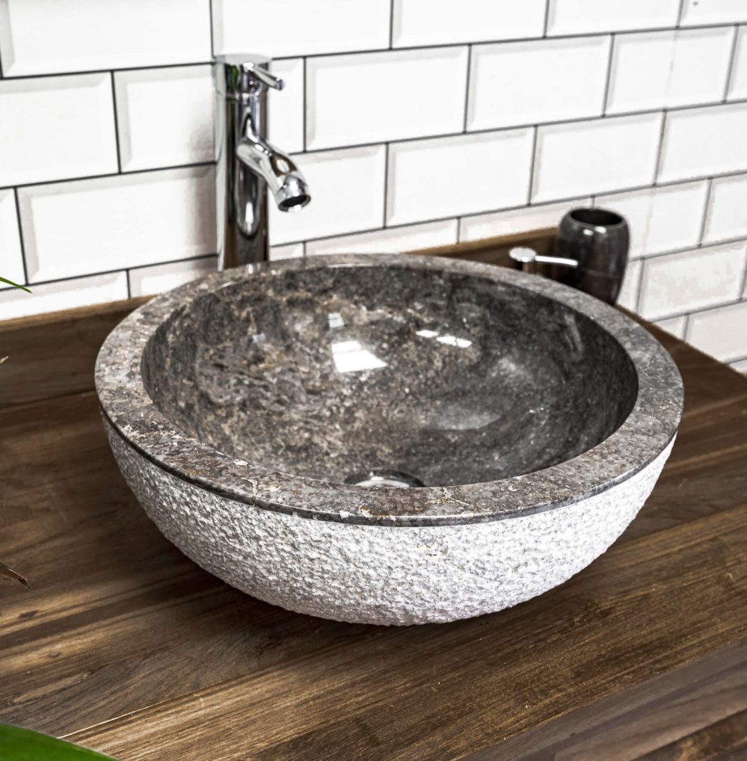Grey Hammered / Polished Basin. Marble Sink - 40 x 15cm.