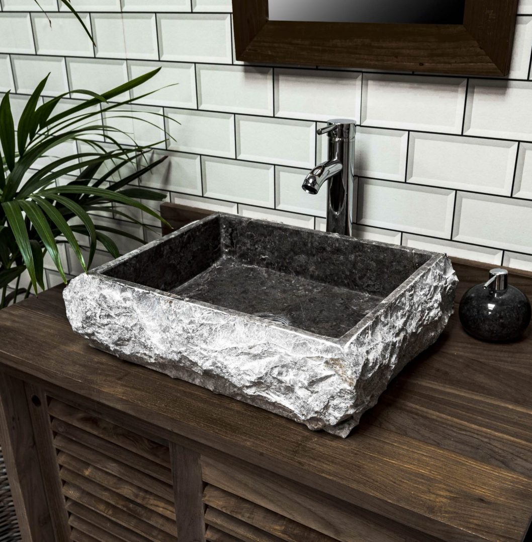 Grey Marble Rectangular Sink with Hewn Exterior 50 x 40 x 12.5cm
