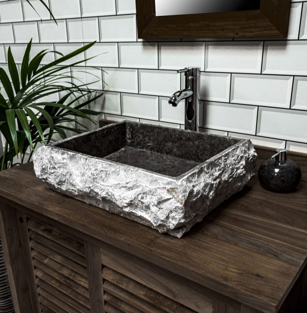 Grey Marble Rectangular Sink with Hewn Exterior 50 x 40 x 12.5cm