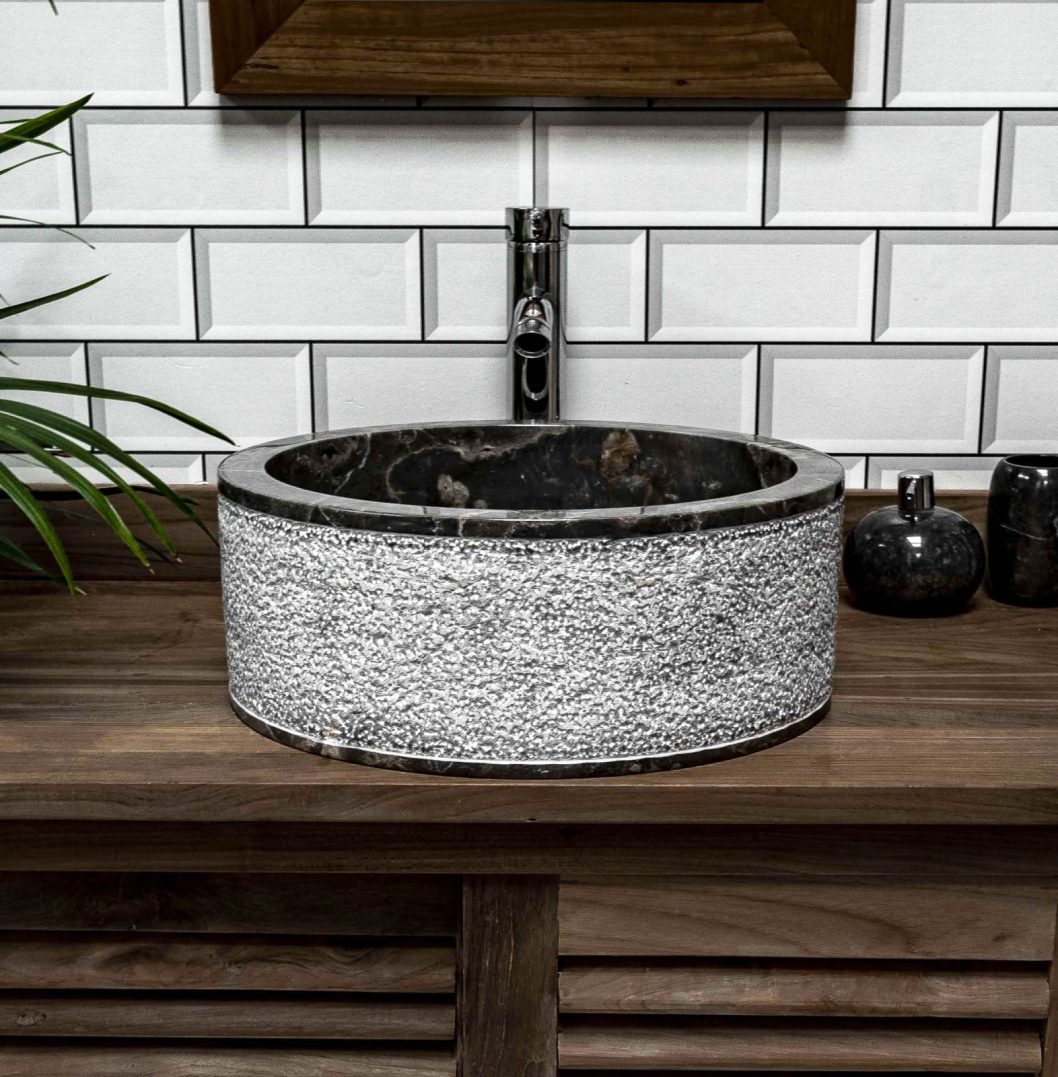 Cylindrical Grey Marble Sink with Hammered Exterior 40 x 15cm
