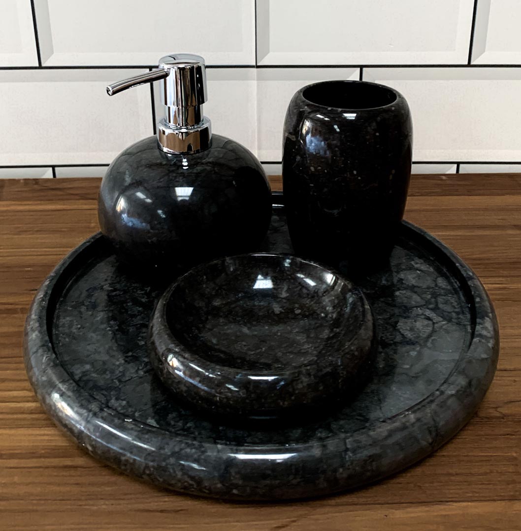Bathroom Accessory Set - Polished Black Marble