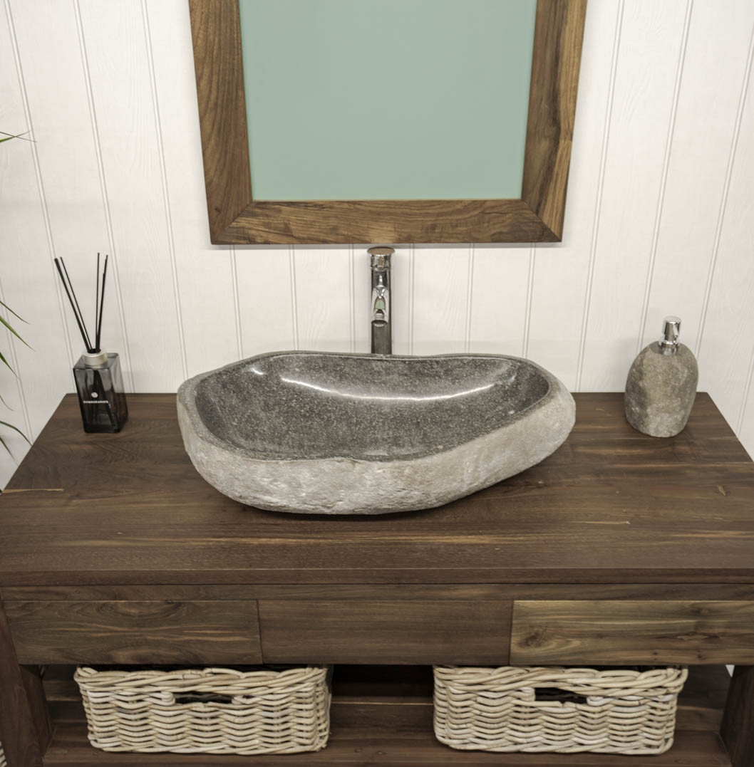 Big natural stone sink. Wooden Vanity Unit. Reclaimed Wood