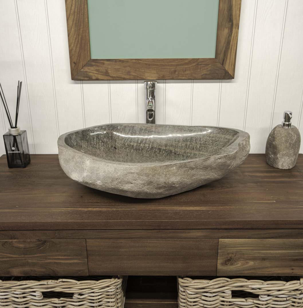 Big natural stone sink. Wooden Vanity Unit. Reclaimed Wood
