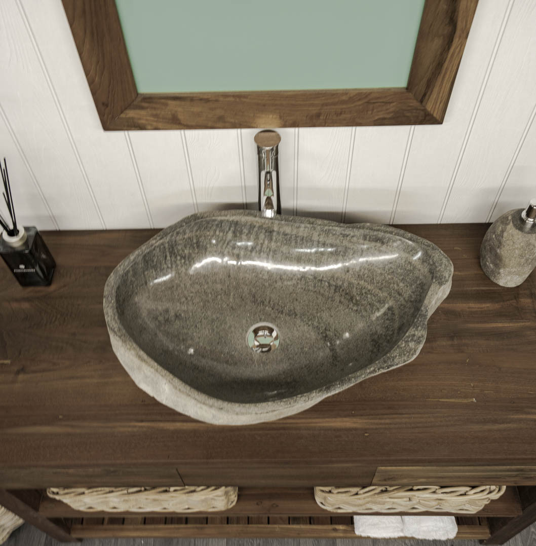 Big natural stone sink. Wooden Vanity Unit. Reclaimed Wood