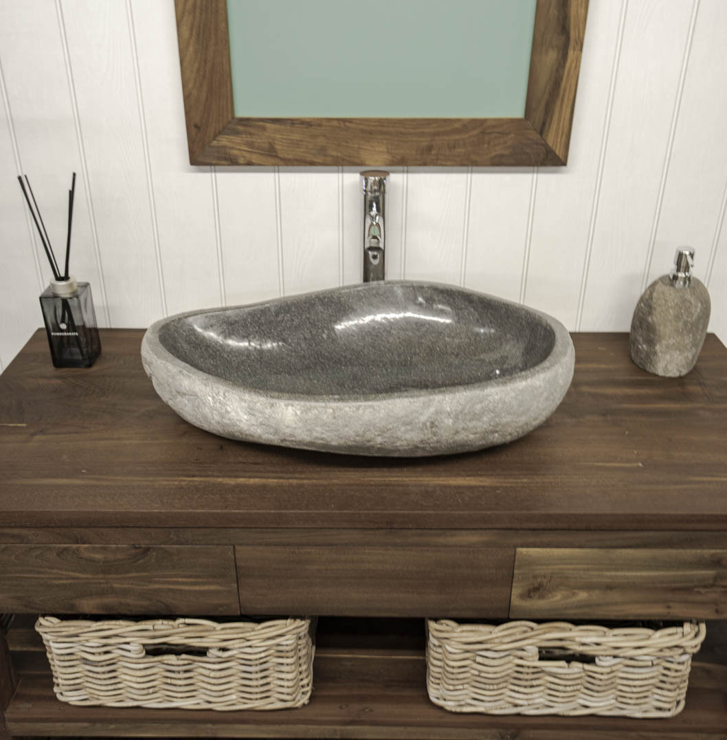 Large natural river stone sink on Wooden Reclaimed Vanity Unit