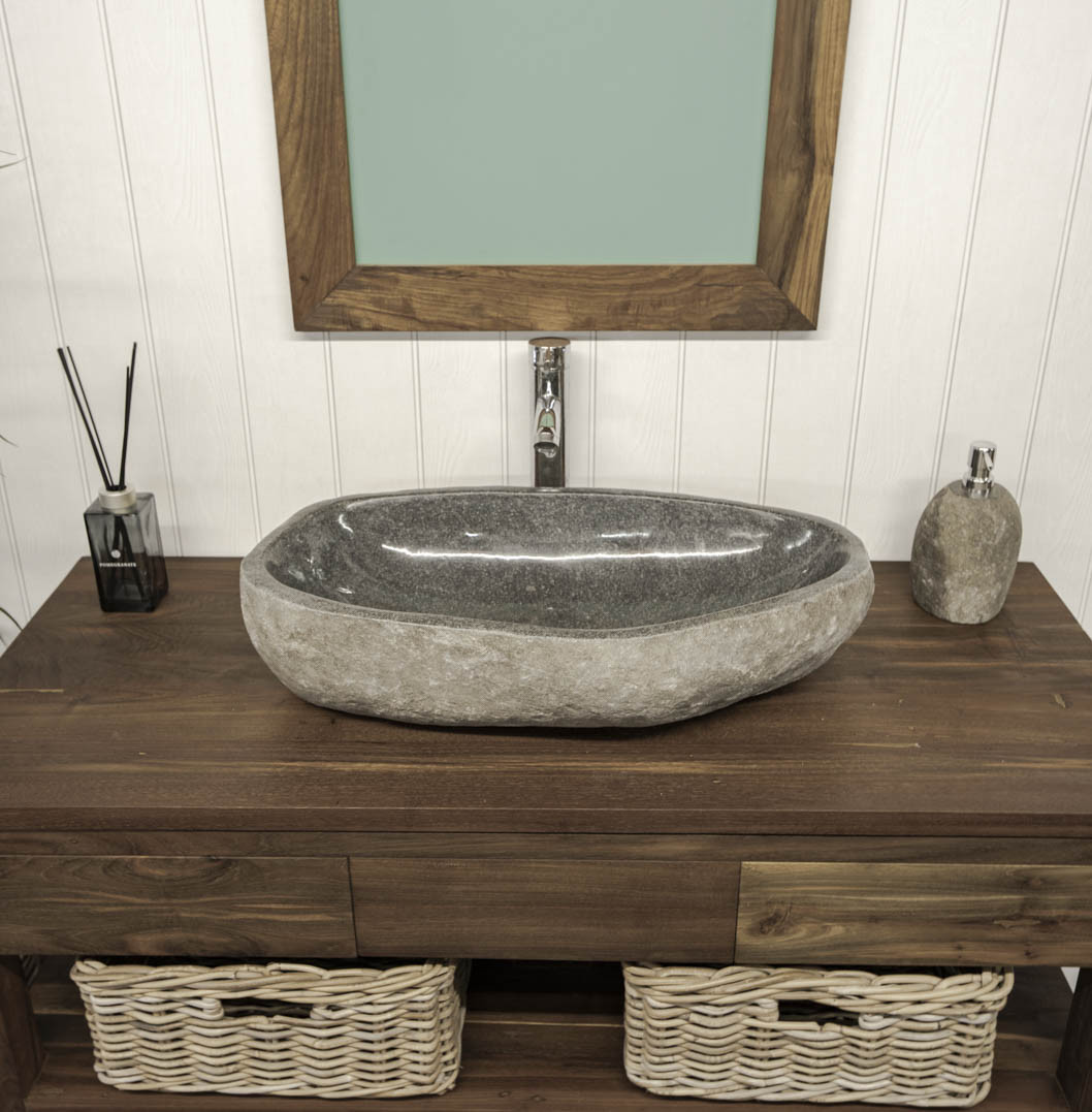 Large natural river stone sink on Wooden Reclaimed Vanity Unit