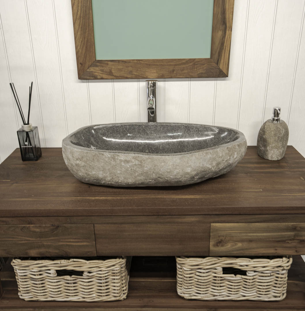 Large natural river stone sink on Wooden Reclaimed Vanity Unit
